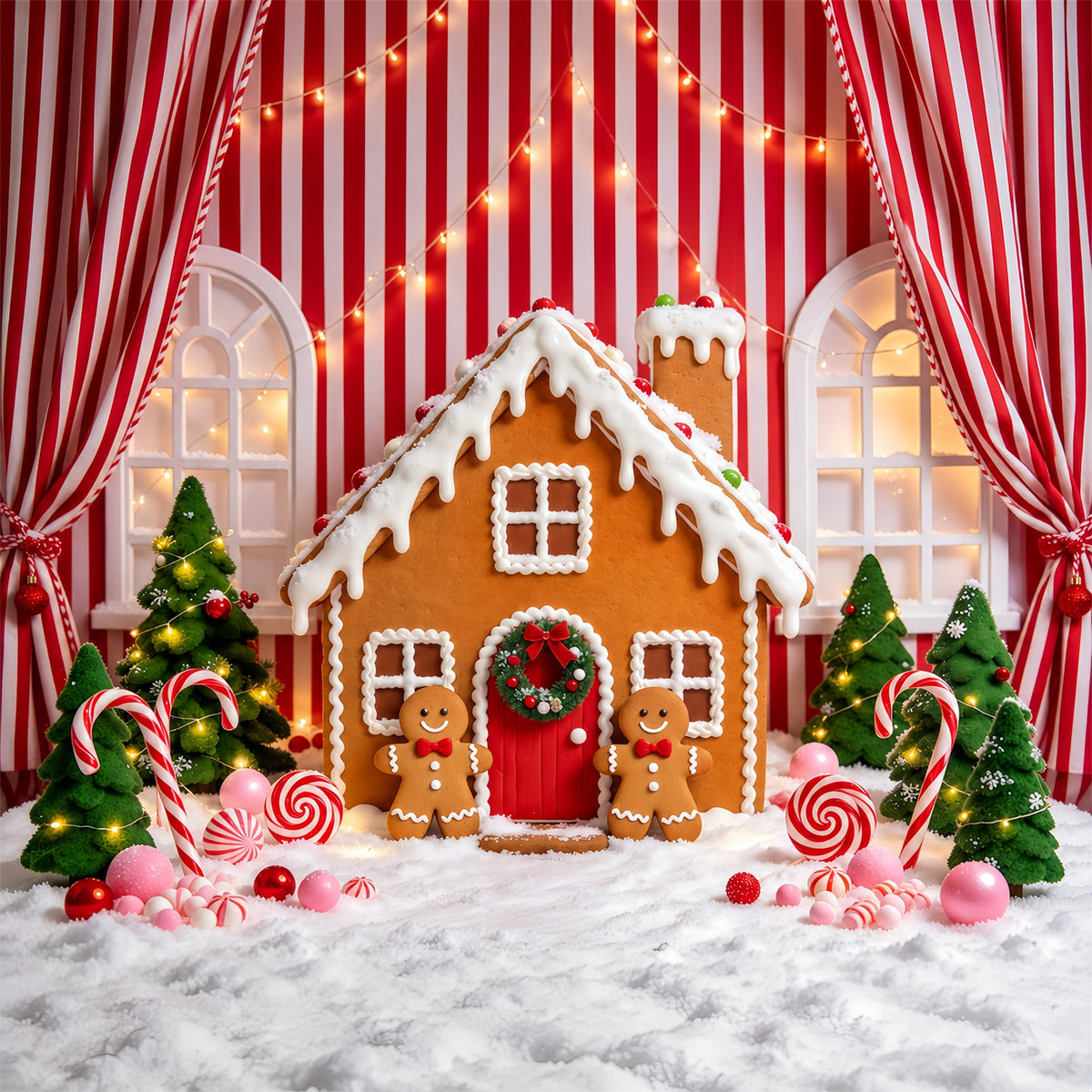 Gingerbread House Photo Backdrop Cute Candy Cane Cottage Christmas Photo Booth Backdrop GQ610-91