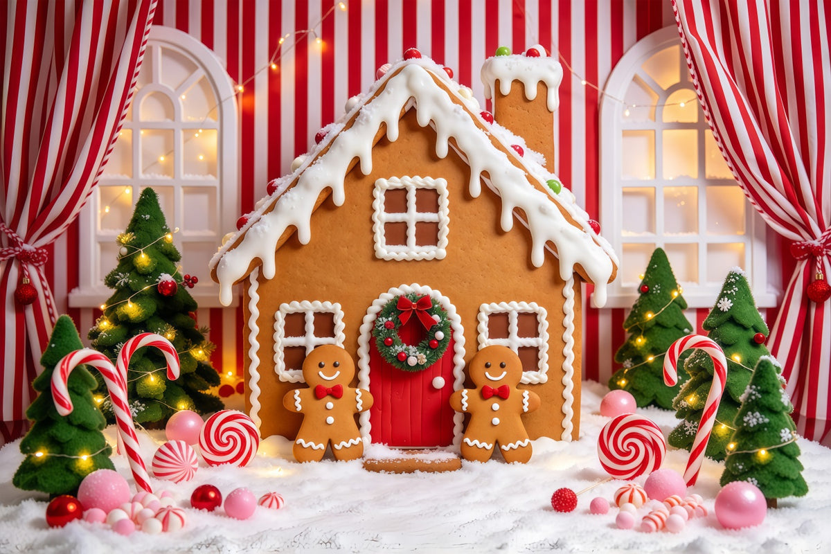 Gingerbread House Photo Backdrop Cute Candy Cane Cottage Christmas Photo Booth Backdrop GQ610-91