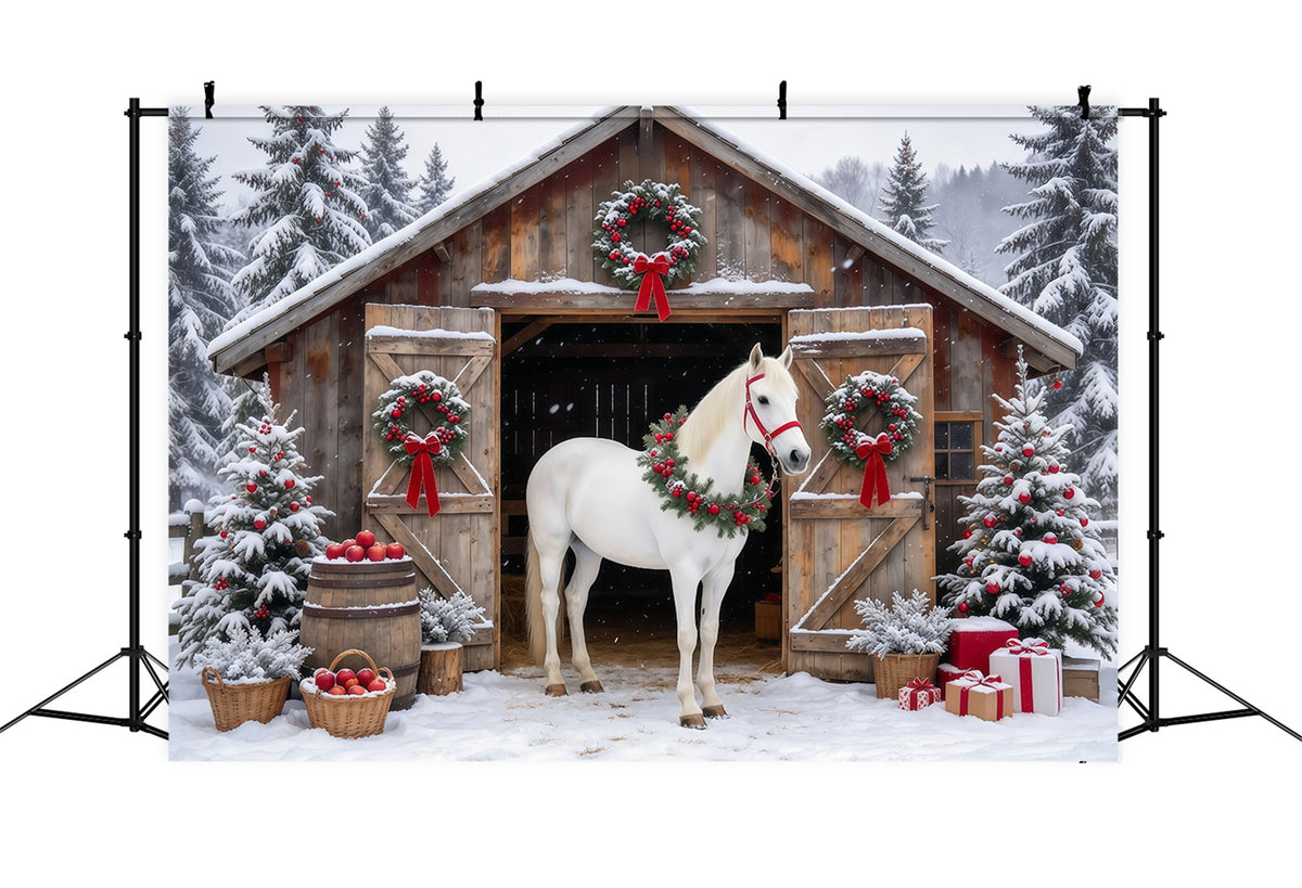Western Christmas Backdrop White Horse Rustic Barn Christmas Backdrop Photoshoot GQ610-92
