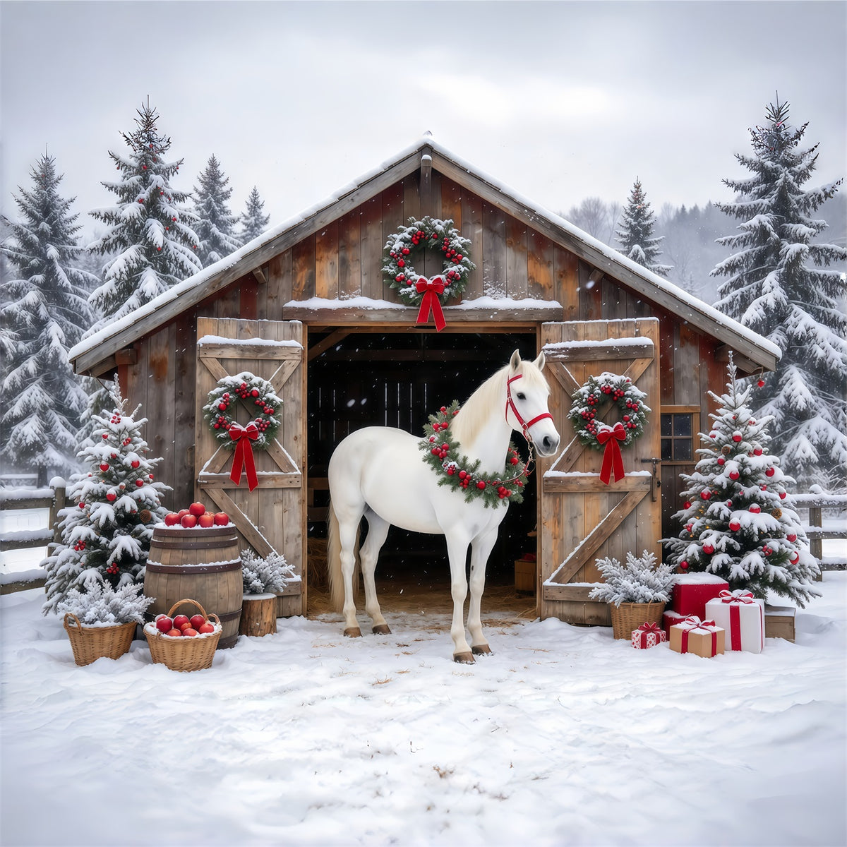 Western Christmas Backdrop White Horse Rustic Barn Christmas Backdrop Photoshoot GQ610-92