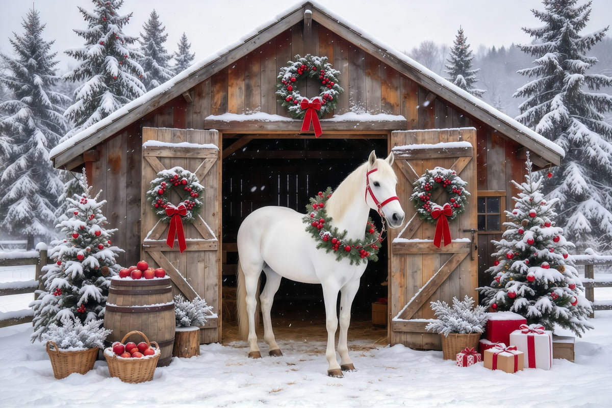 Western Christmas Backdrop White Horse Rustic Barn Christmas Backdrop Photoshoot GQ610-92