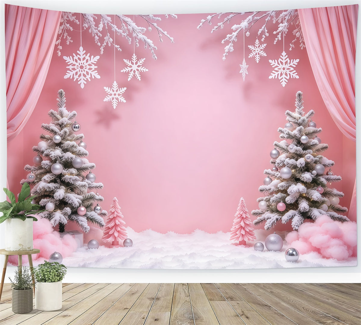 Winter Christmas Backdrop Pink Curtain Snowflake Wonderland Christmas Theme Backdrops GQ610-96