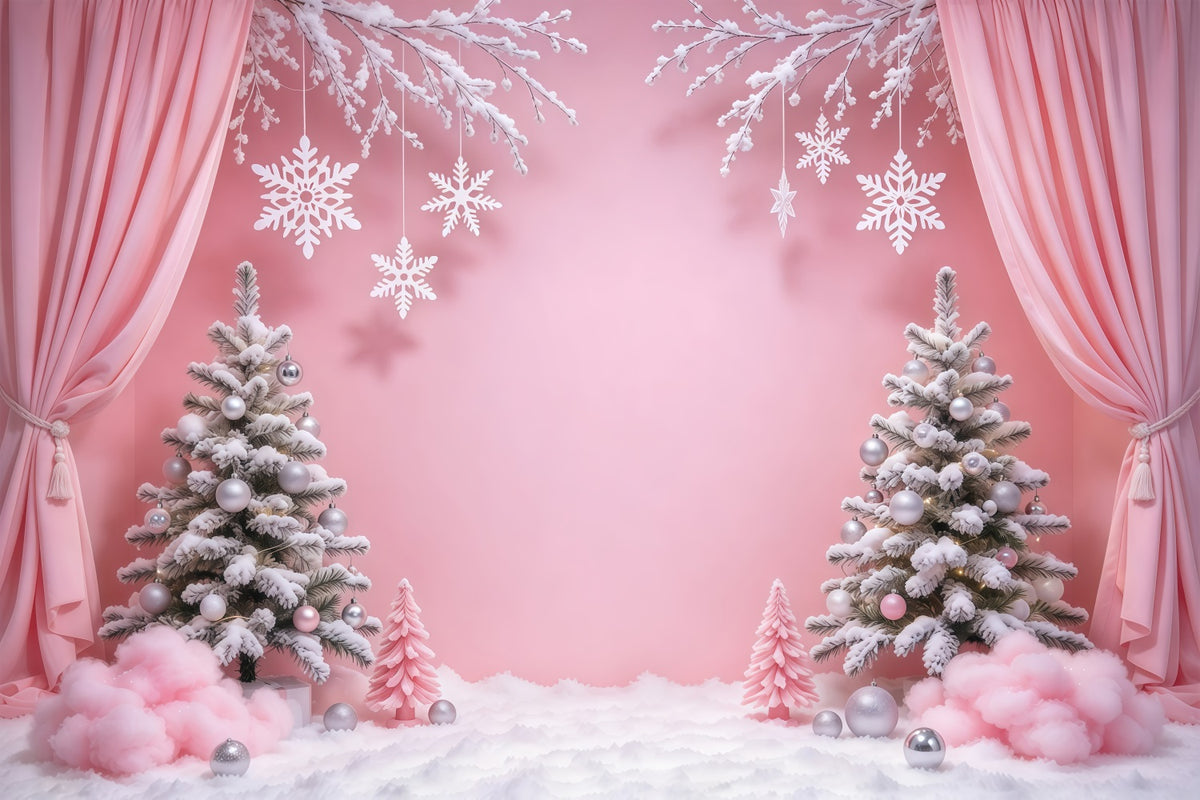 Winter Christmas Backdrop Pink Curtain Snowflake Wonderland Christmas Theme Backdrops GQ610-96