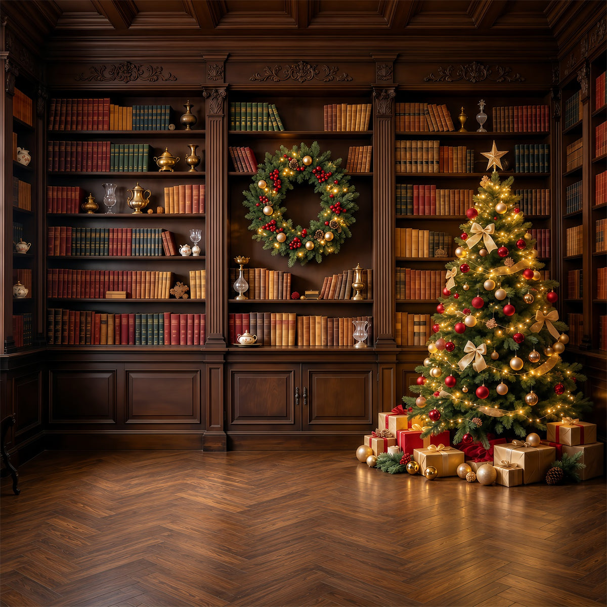 Victorian Christmas Backdrops Classic Library Tree Display Christmas Holiday Backdrops GQ610-98