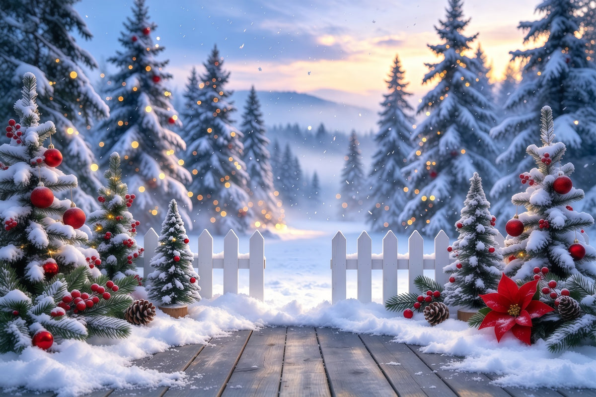 Christmas Tree Forest Backdrop Snowy Picket Fence Entryway Xmas Backdrop for Photos GQ610-99