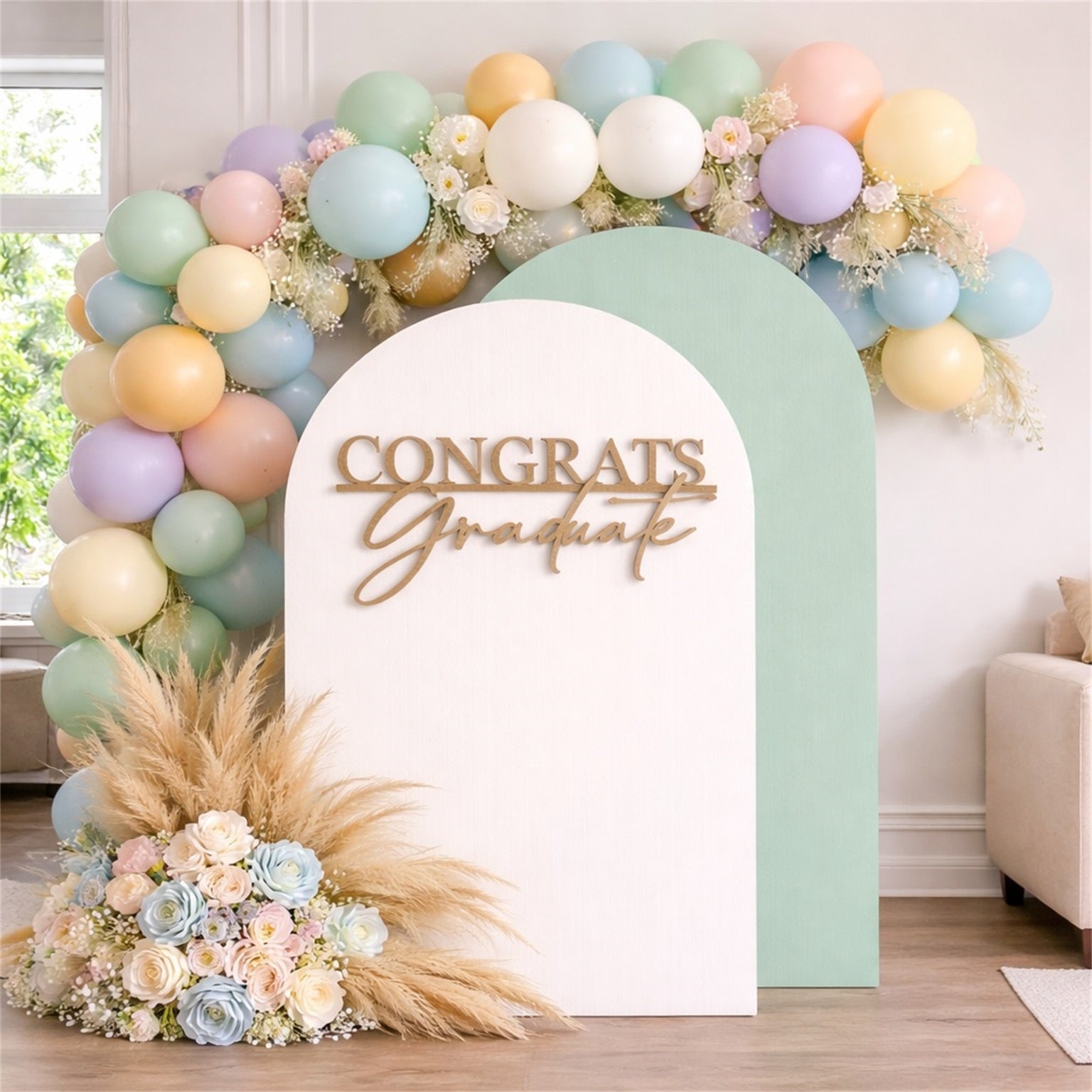 Graduation Party Backdrop White Sage Color Block Custom Graduation Party Backdrop GQ64-1