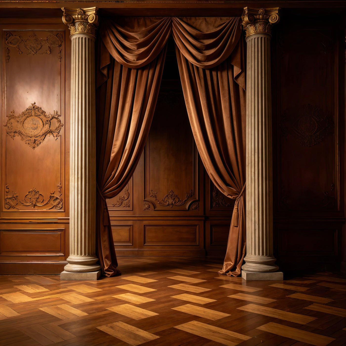 Portrait Photo Backdrop Classic Walnut Velvet Curtain Columns Abstract Backdrops GQ64-35