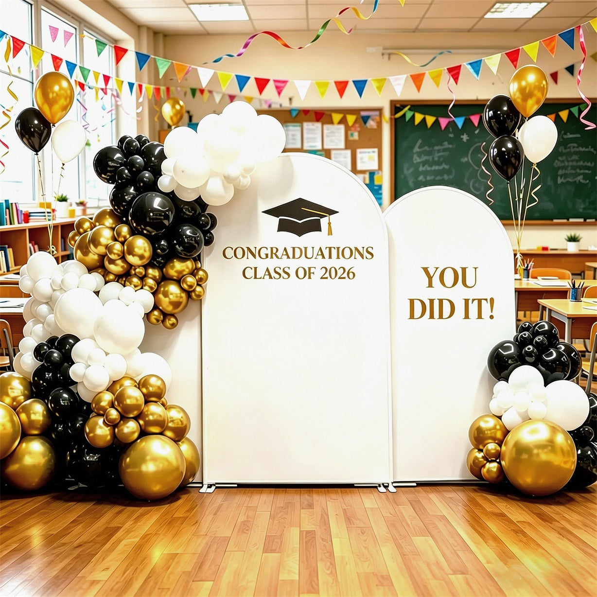 Graduation Backdrop White Trio Cap Accent Custom Graduation Backdrop GQ64-2