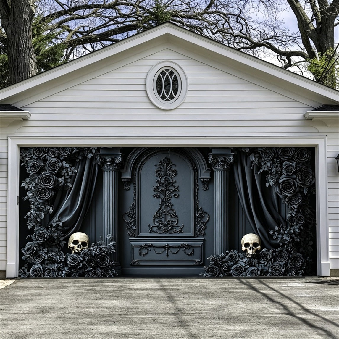 Halloween Backdrop Black Rose Skull Arch Halloween Garage Door Banner GQ67-1