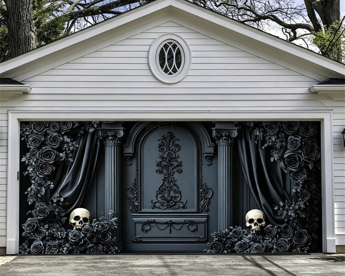 Halloween Backdrop Black Rose Skull Arch Halloween Garage Door Banner GQ67-1-2 car
