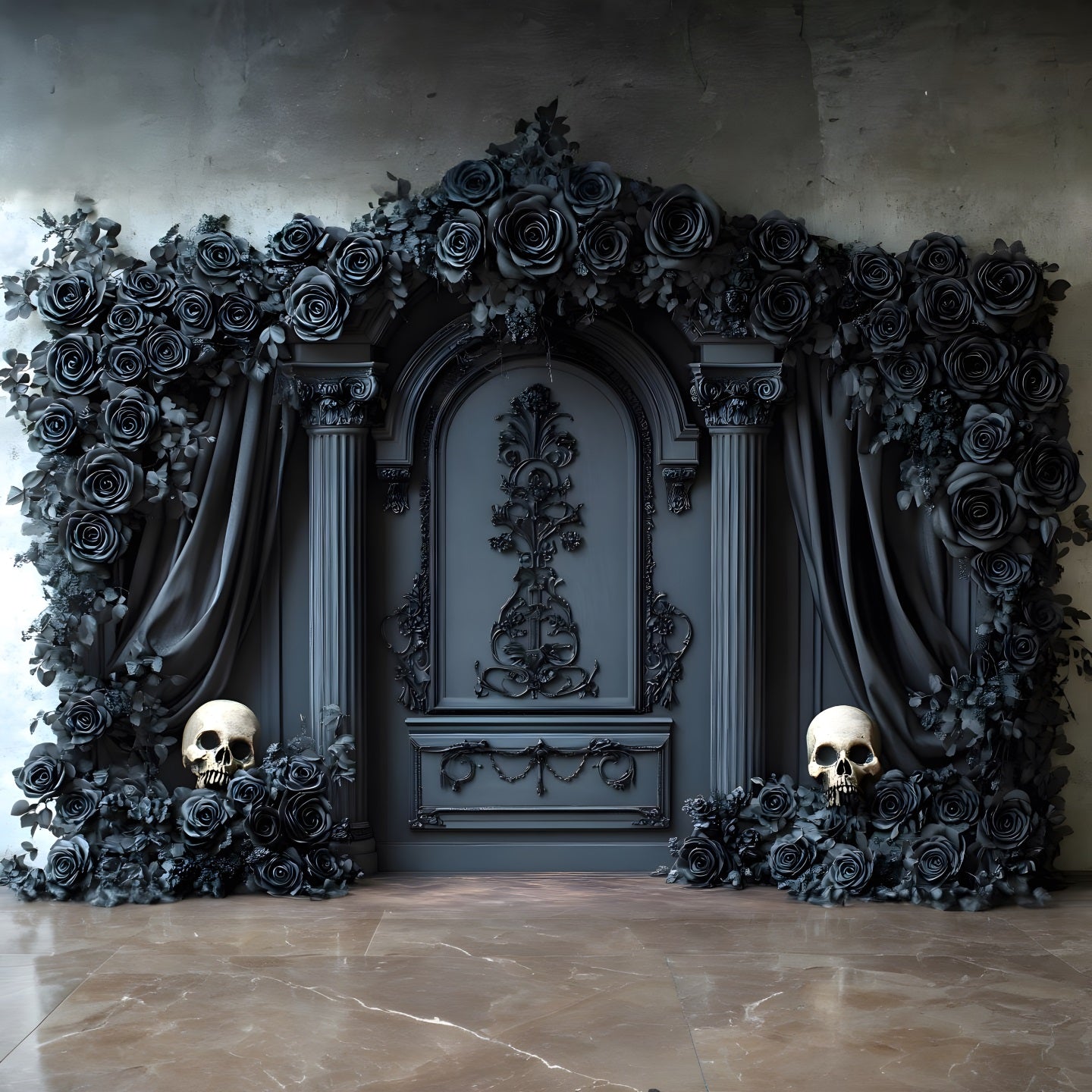 Halloween Backdrop Black Rose Skull Arch Halloween Garage Door Banner GQ67-1