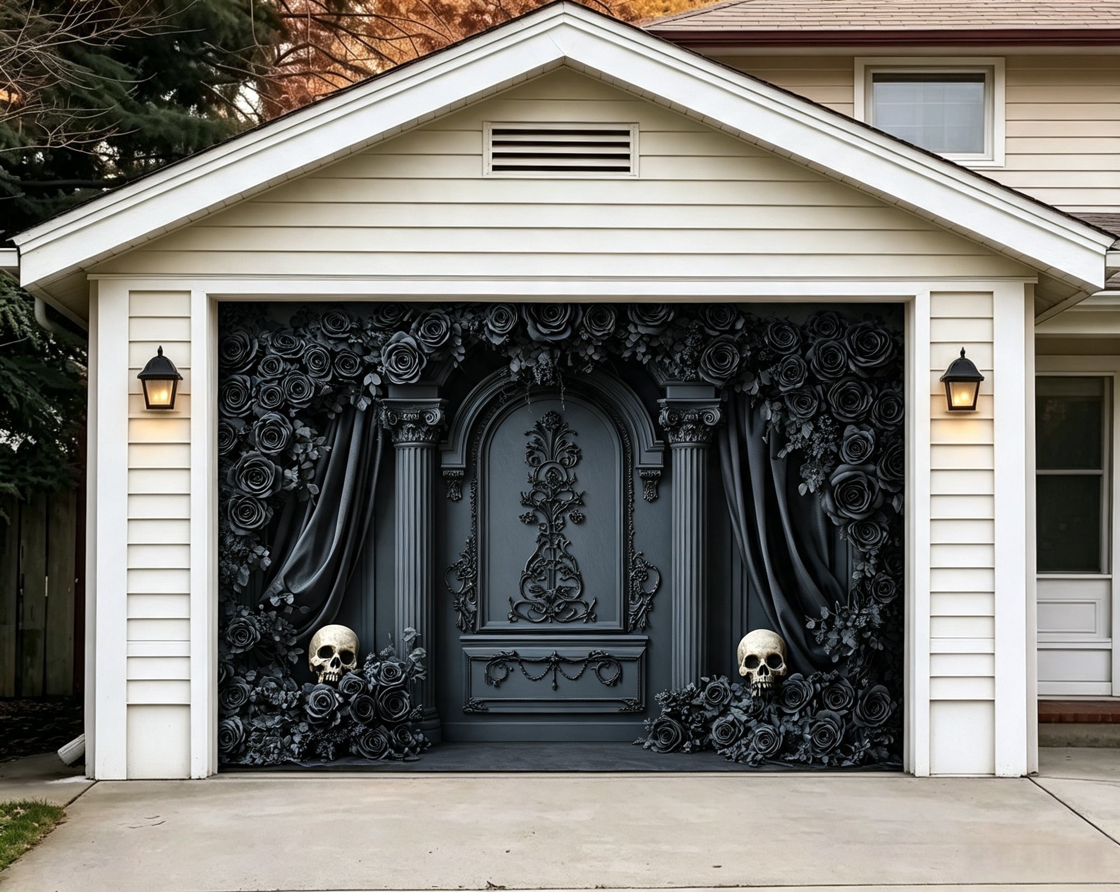 Halloween Backdrop Black Rose Skull Arch Halloween Garage Door Banner GQ67-1-1 car