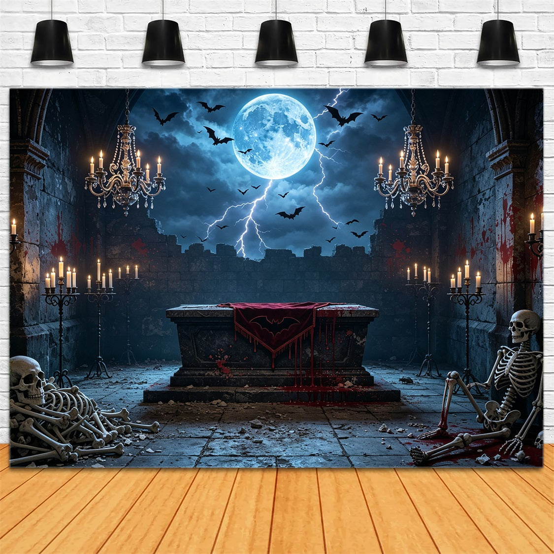 Vampire Backdrop Moonlit Bloody Skeleton Altar Halloween Backdrop For Photography GQ67-100