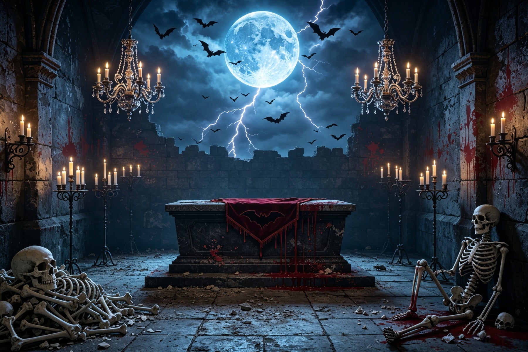 Vampire Backdrop Moonlit Bloody Skeleton Altar Halloween Backdrop For Photography GQ67-100