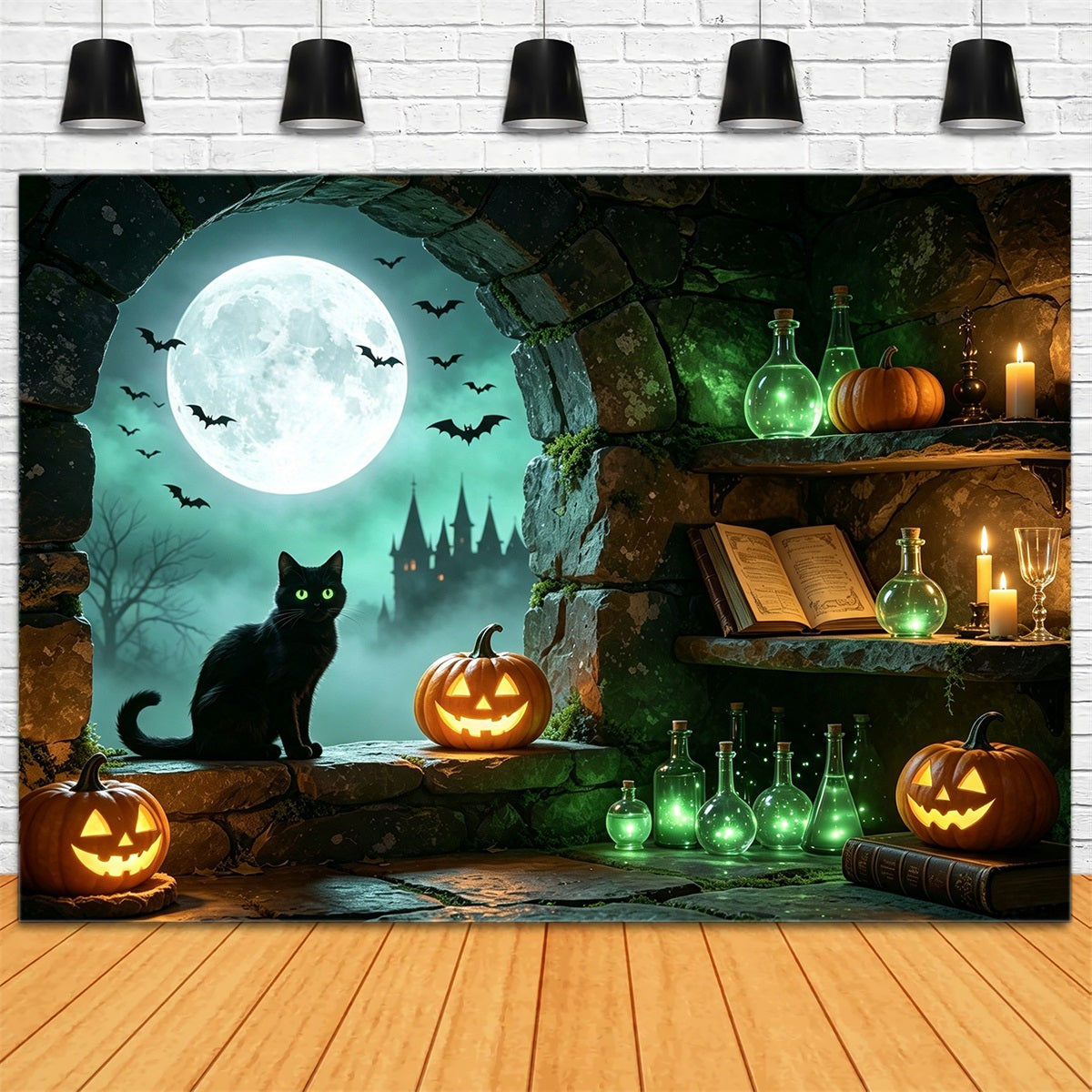 Witches Lair Backdrop Moonlit Cat Potion Alcove Lumberjack Photo Backdrop GQ67-101