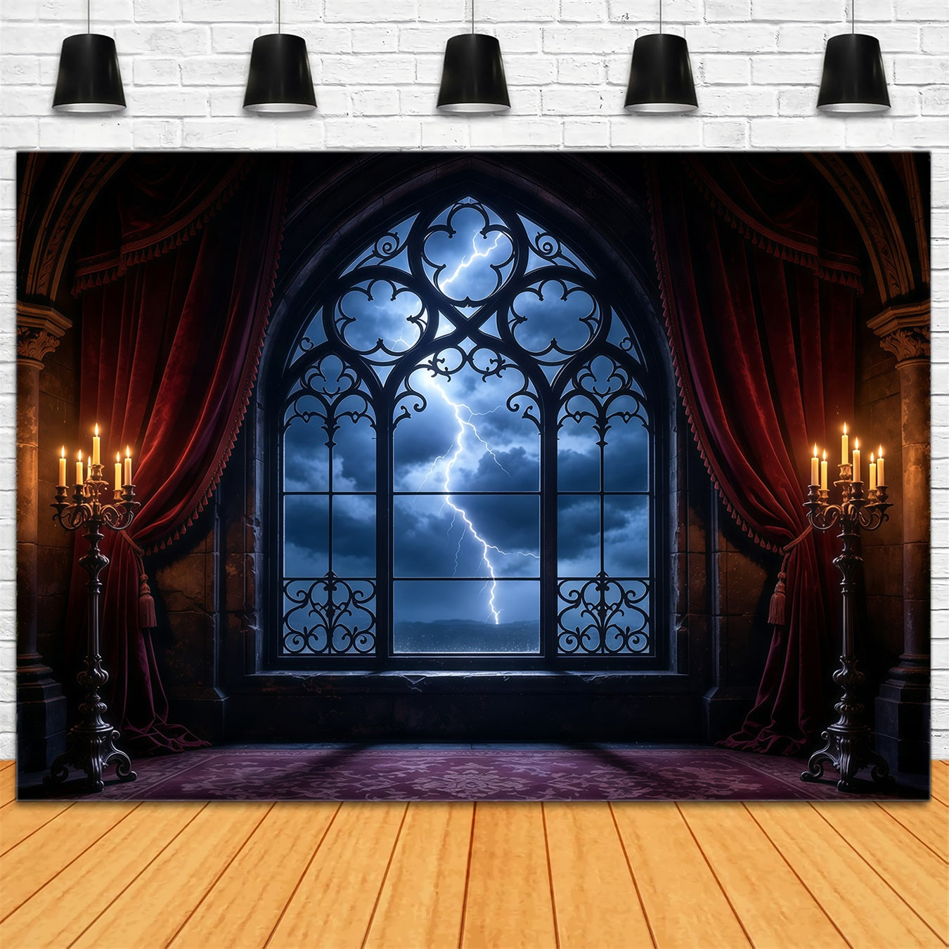 Vampire Backdrops Lightning Gothic Window Chamber 8x8 Halloween Backdrop GQ67-102