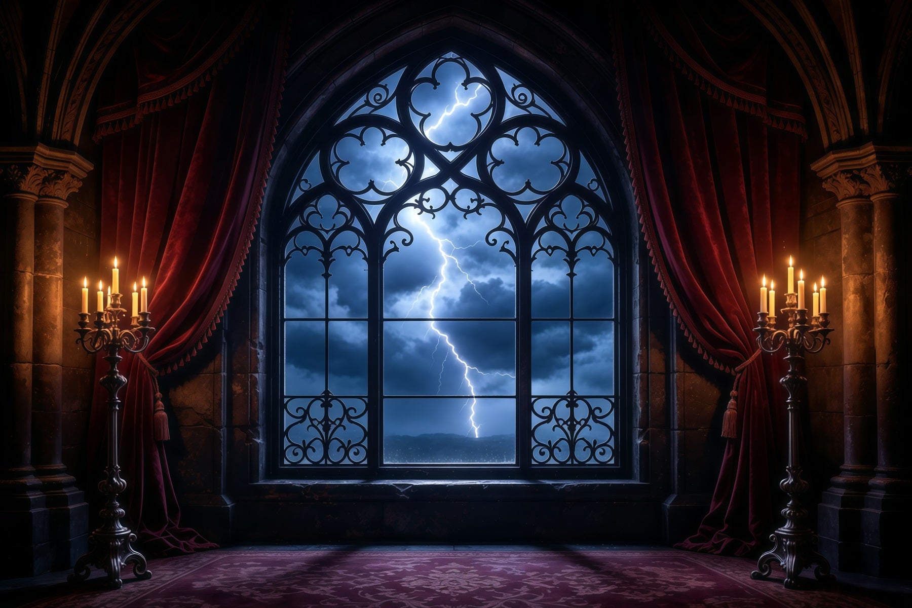 Vampire Backdrops Lightning Gothic Window Chamber 8x8 Halloween Backdrop GQ67-102
