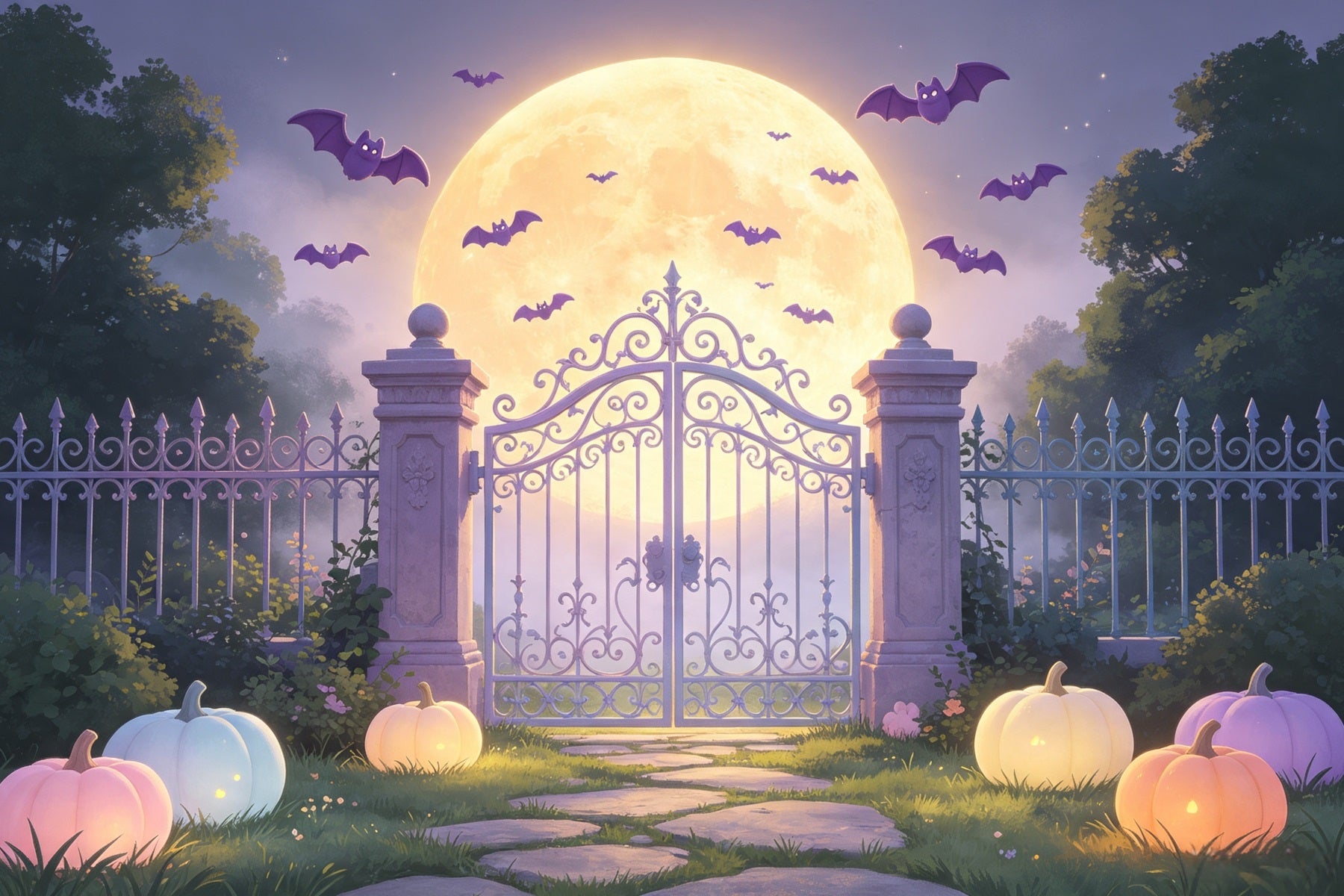 Batcave Backdrop Pastel Moonlit Garden Gate Pastel Halloween Backdrop GQ67-104