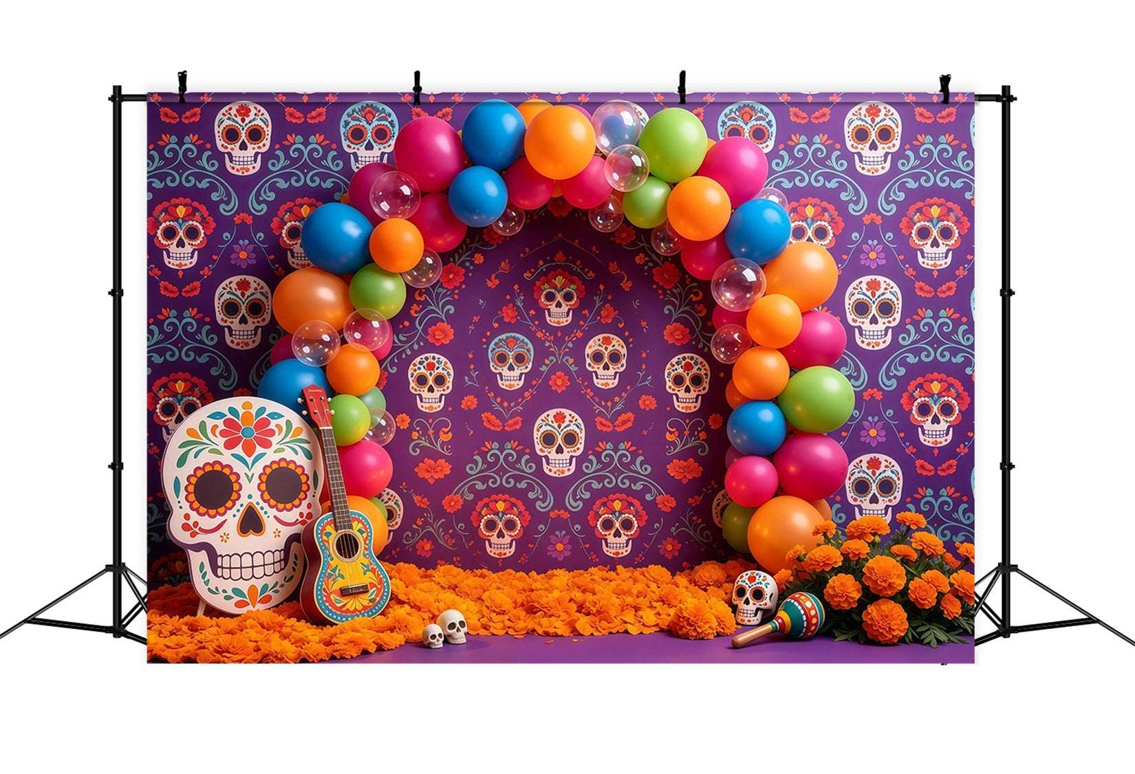 Sugar Skull Backdrop Colorful Balloon Arch Kids Halloween Backdrop GQ67-106