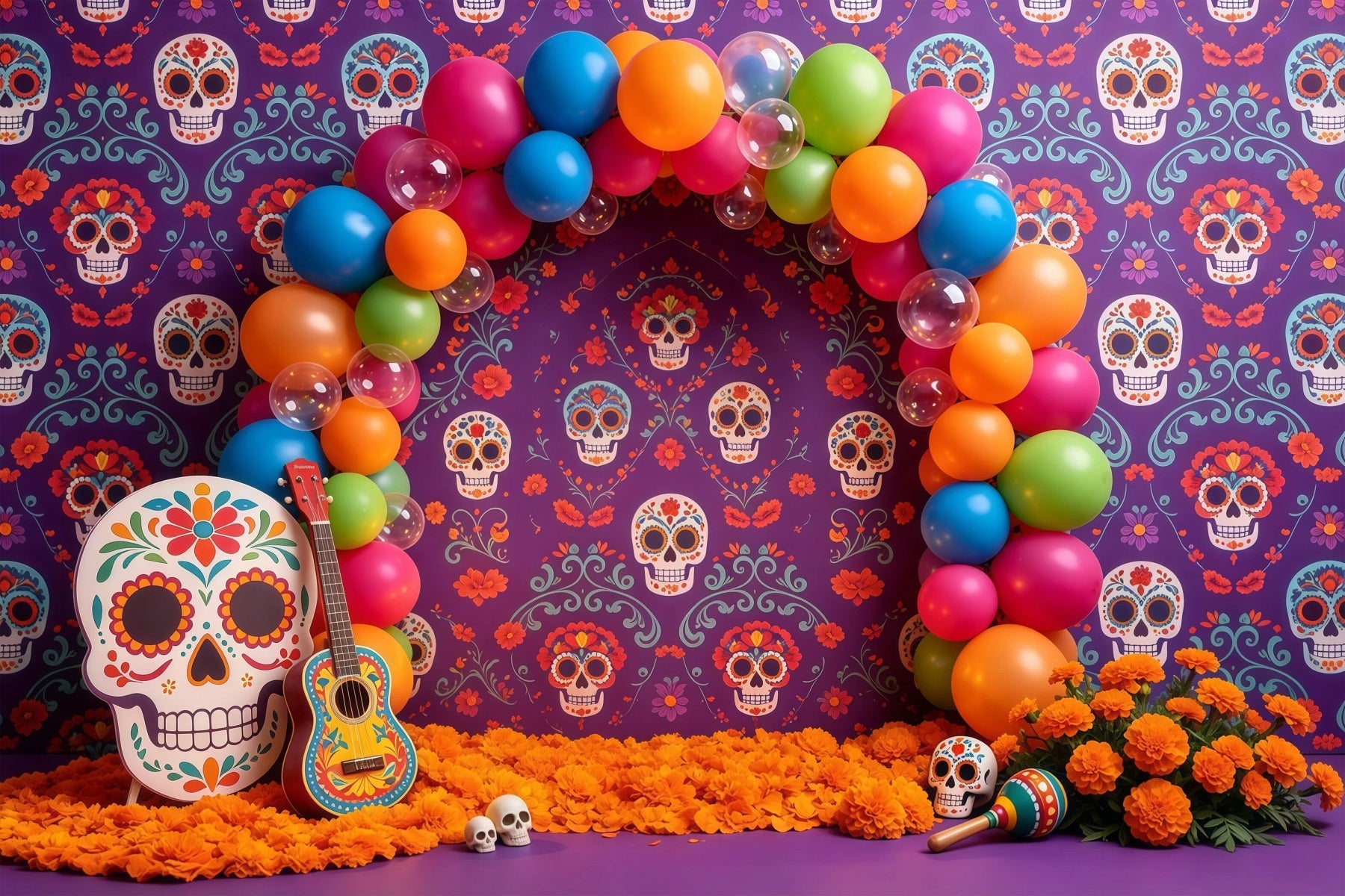 Sugar Skull Backdrop Colorful Balloon Arch Kids Halloween Backdrop GQ67-106