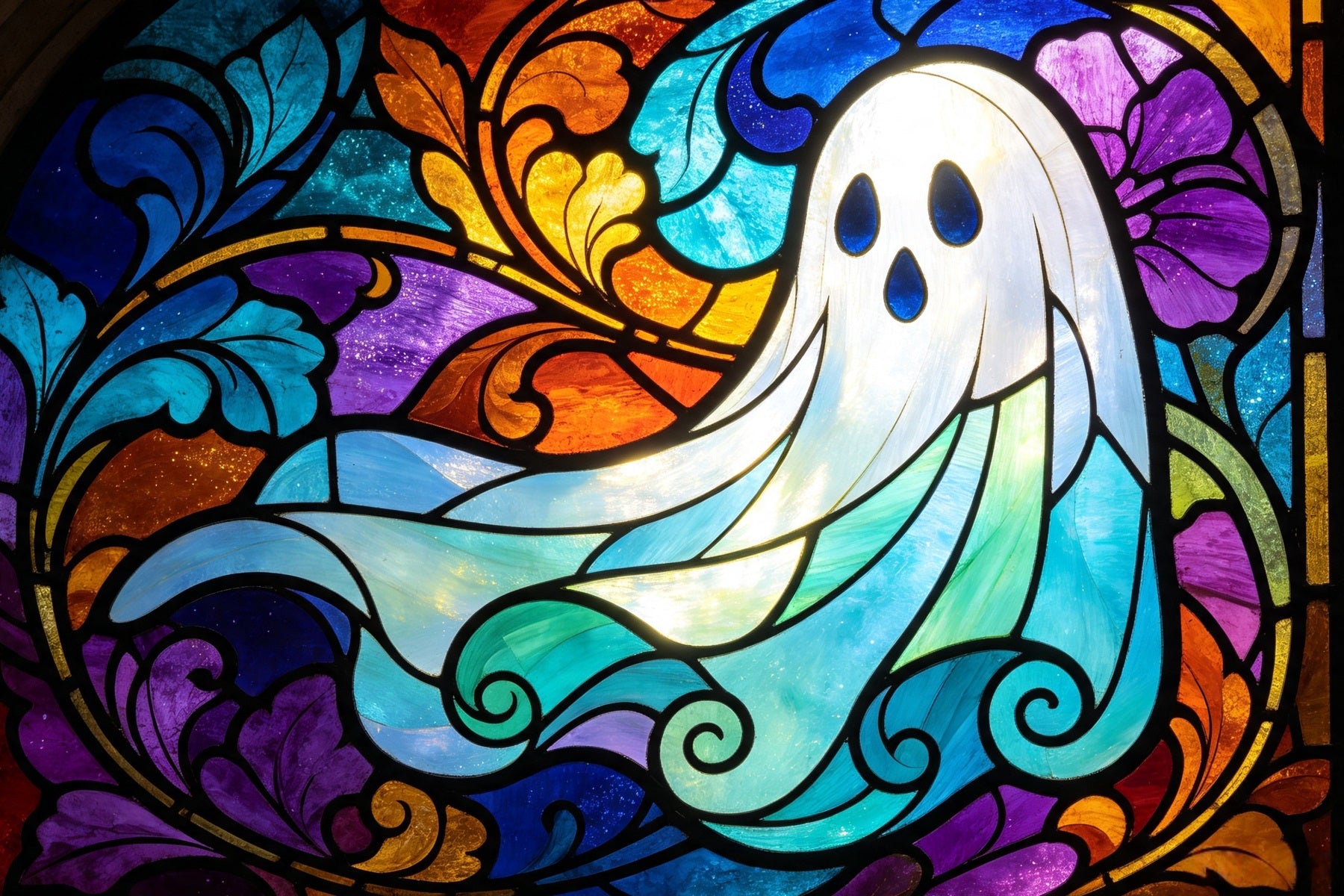 Ghost Stained Glass Backdrop Tapestry Colorful Window Garage Door Halloween Backdrop GQ67-109