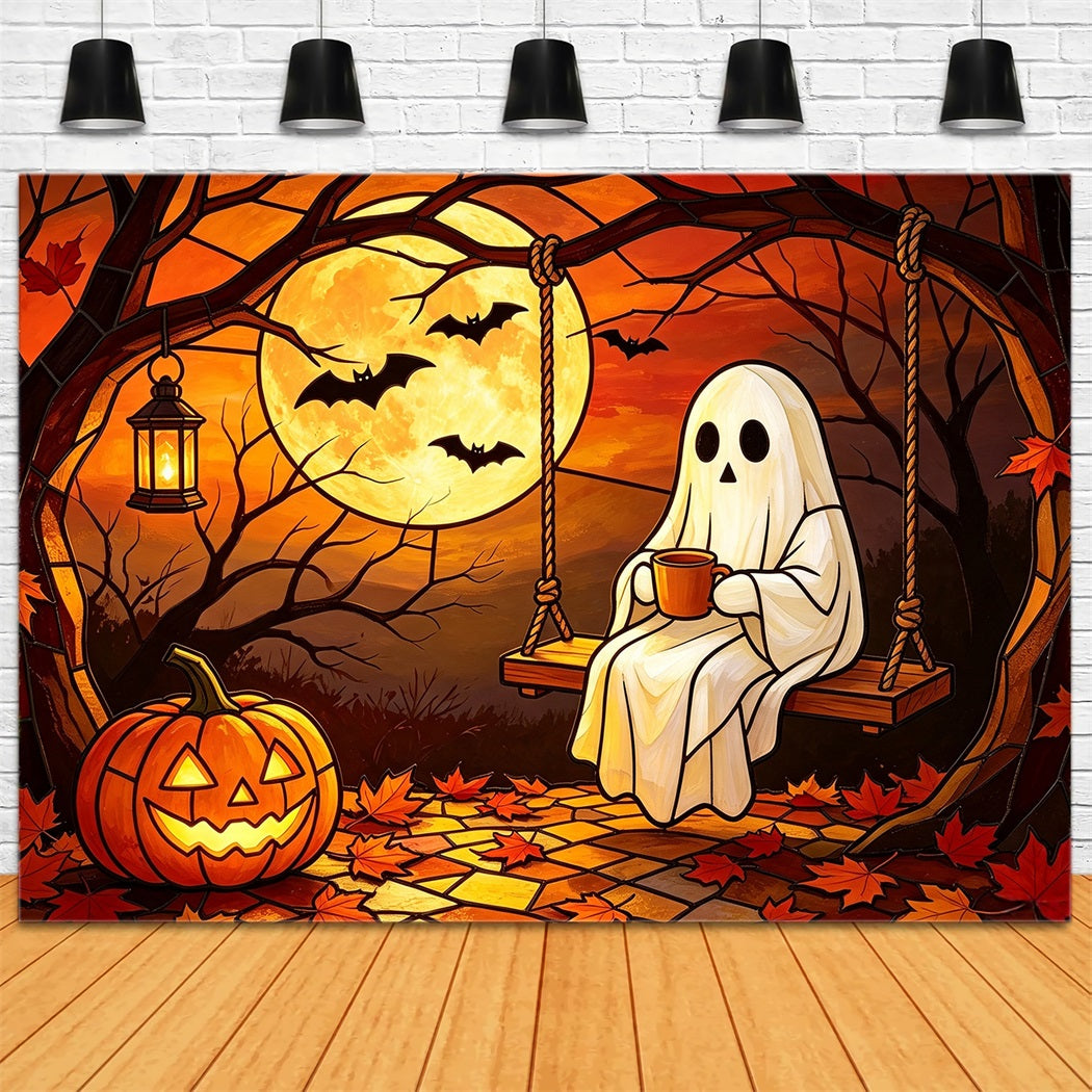 Backdrop Ghost Stained Glass Cozy Moonlit Pumpkin Swing Halloween Photobooth Backdrop GQ67-111