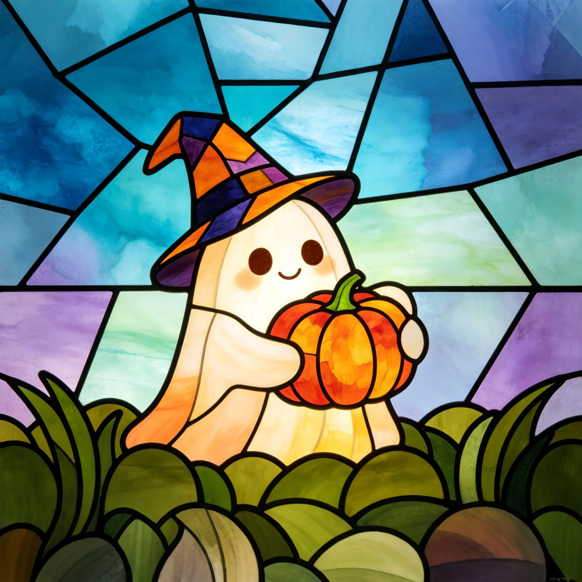 Stained Glass Backdrop Tapestry Ghost Cute Witch Ghost Pumpkin Halloween Selfie Backdrop GQ67-112
