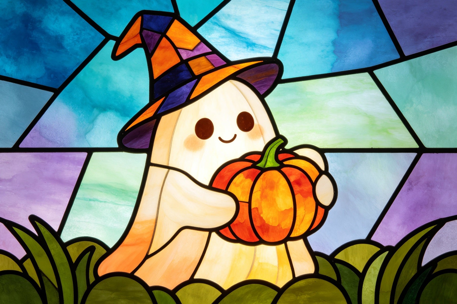 Stained Glass Backdrop Tapestry Ghost Cute Witch Ghost Pumpkin Halloween Selfie Backdrop GQ67-112