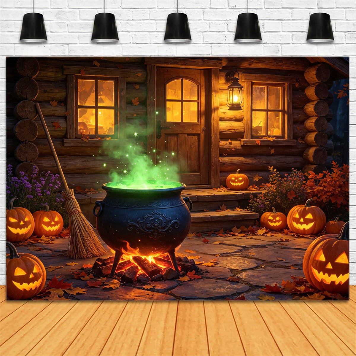 Witches Kitchen Backdrop Banner Glowing Cauldron Cabin Porch Best Halloween Backdrops GQ67-113