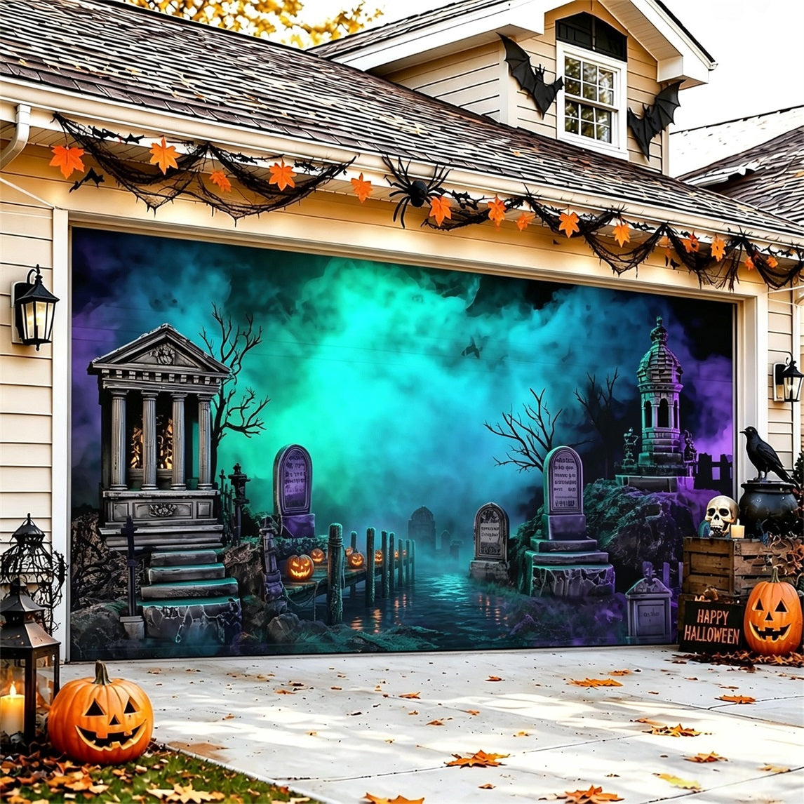Halloween Garage Door Cover Neon Mist Graveyard Ruins Backdrop GQ67-12