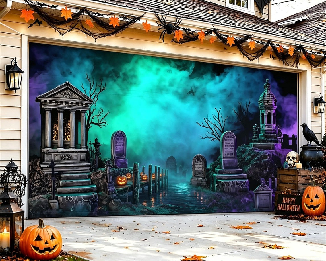 Halloween Garage Door Cover Neon Mist Graveyard Ruins Backdrop GQ67-12-2 car