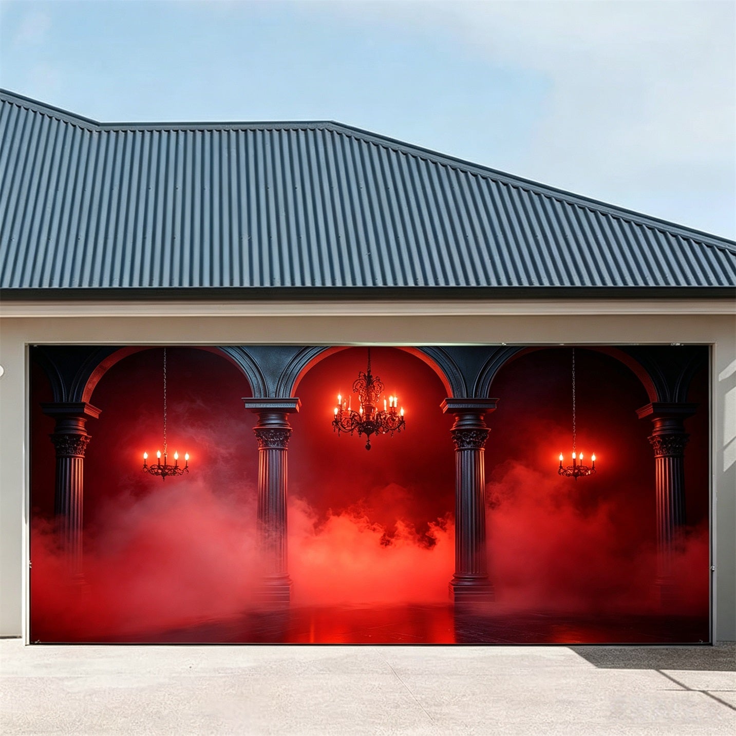 Gothic Backdrop Red Fog Colonnade Halloween Garage Door Banner GQ67-13