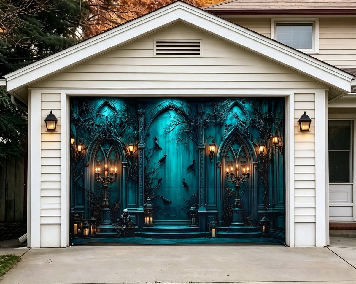 Halloween Backdrop Teal Raven Gothic Hall Halloween Garage Door Banner GQ67-18-1 car