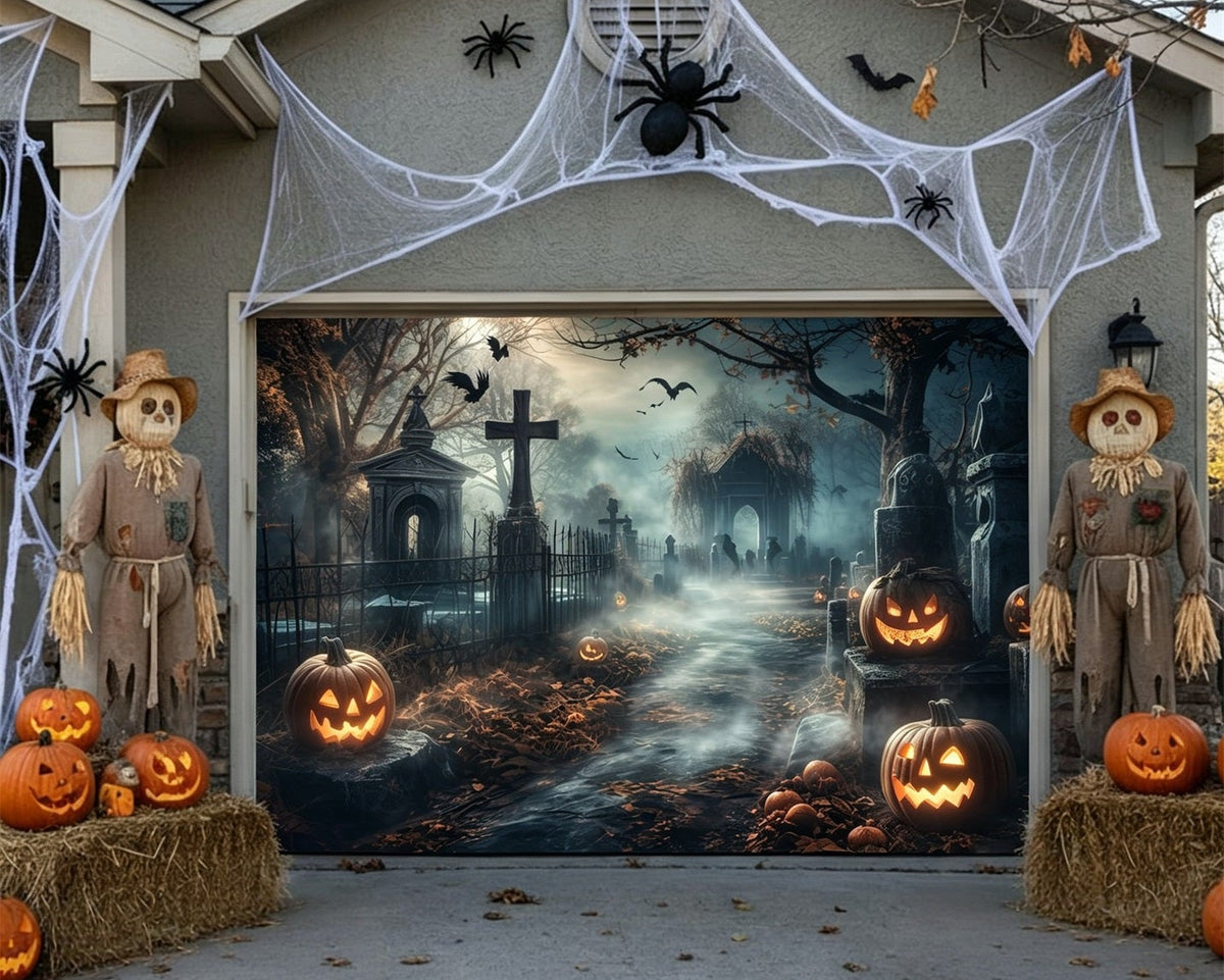 Halloween Foggy Pumpkin Graveyard Path Backdrop House Garage Decorations GQ67-21-2 car
