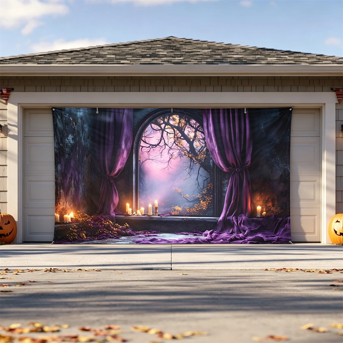Halloween Forest Backdrop Purple Candle Gothic Window Halloween Garage Door Banner GQ67-23