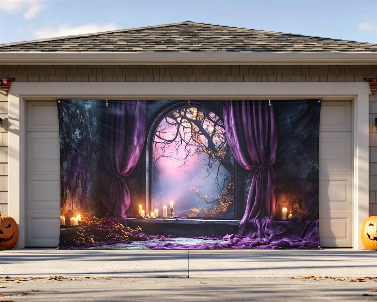 Halloween Forest Backdrop Purple Candle Gothic Window Halloween Garage Door Banner GQ67-23-2 car