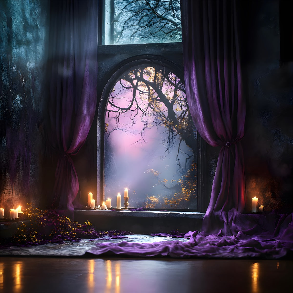 Halloween Forest Backdrop Purple Candle Gothic Window Halloween Garage Door Banner GQ67-23