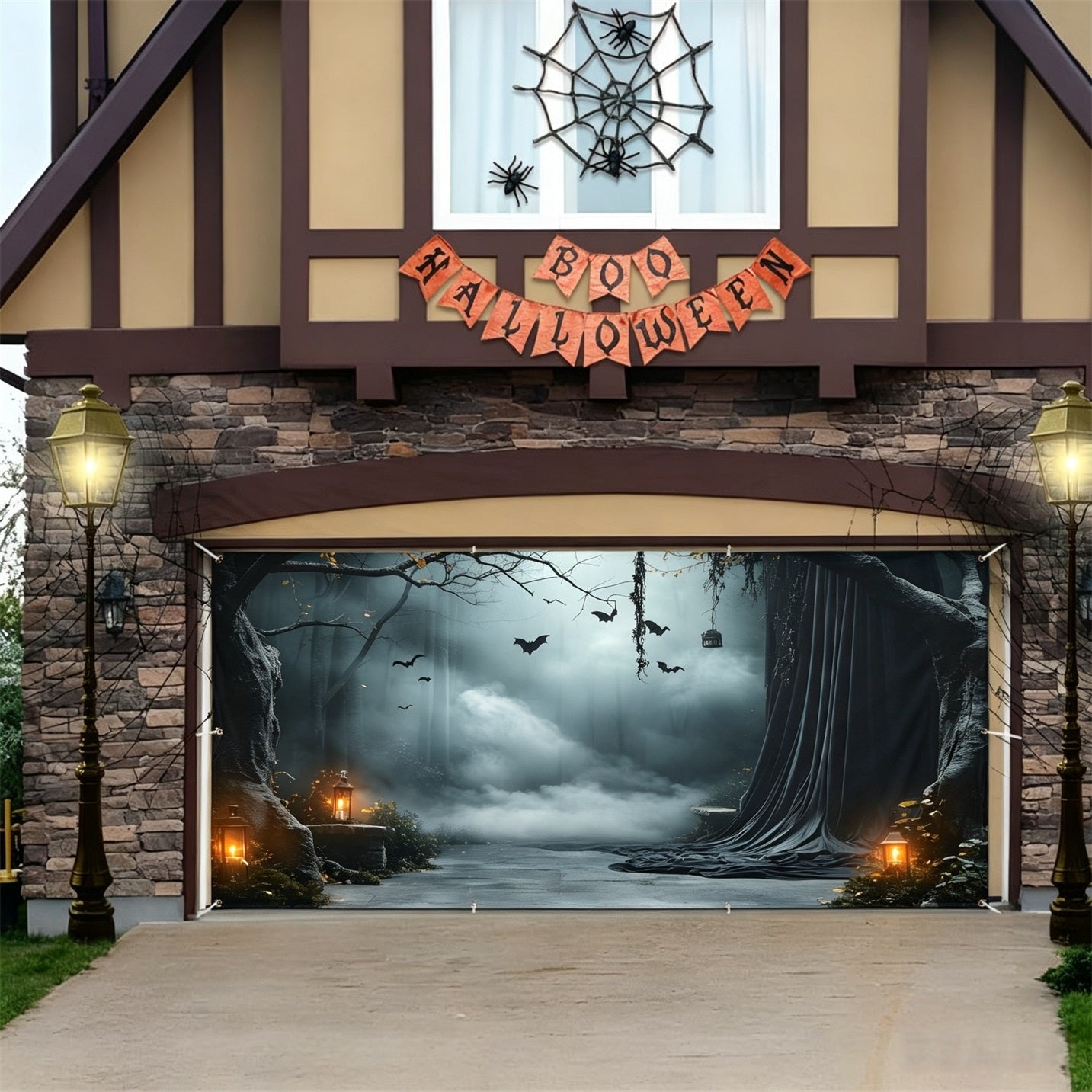 Halloween Backdrop Foggy Lantern Draped Forest Halloween Garage Door Decor GQ67-24