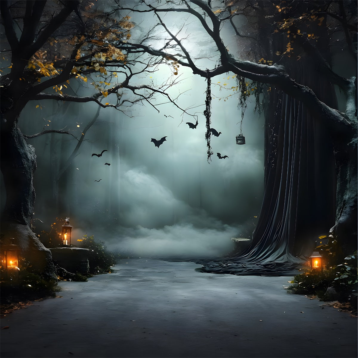 Halloween Backdrop Foggy Lantern Draped Forest Halloween Garage Door Decor GQ67-24
