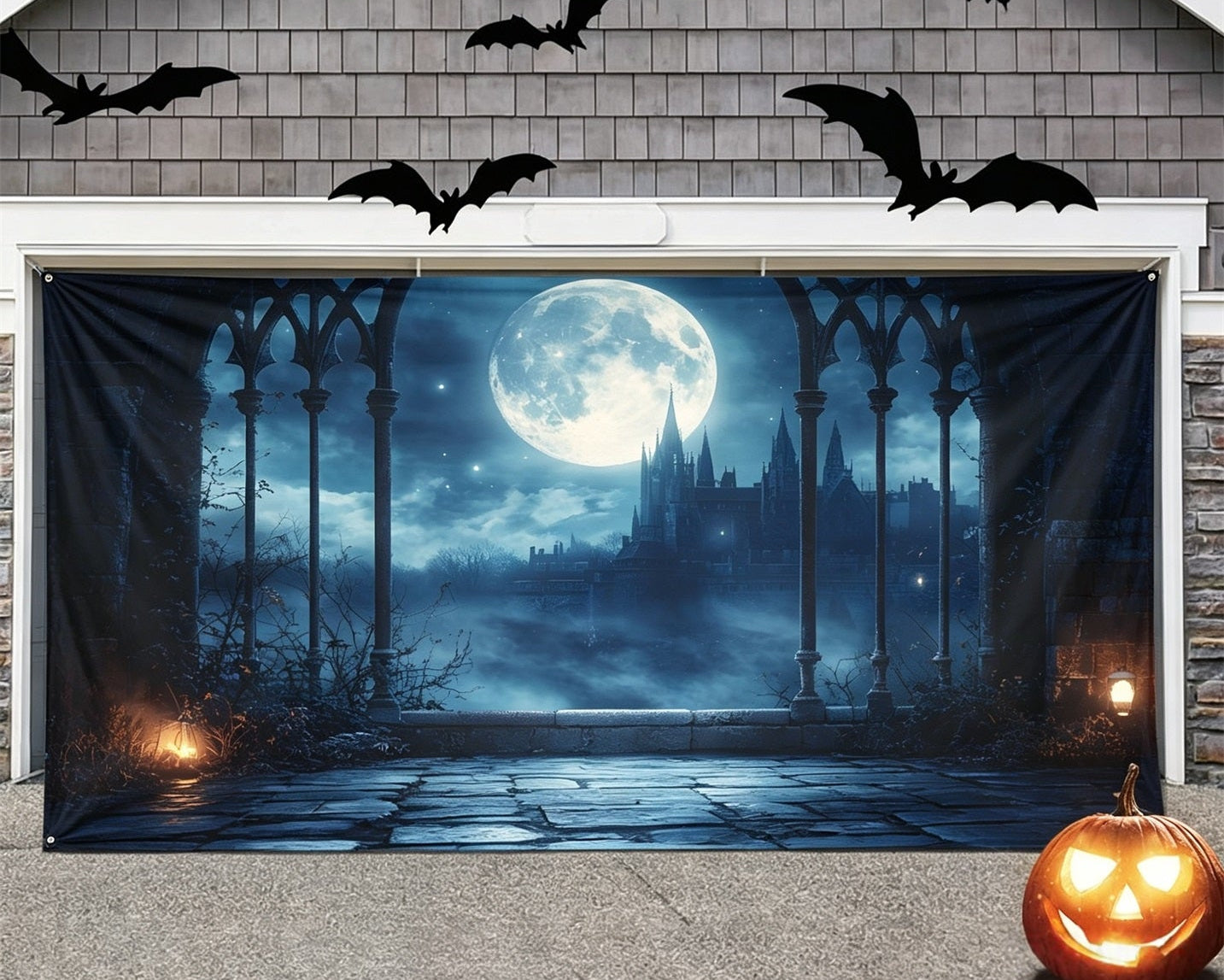 Halloween Moonlit Gothic Castle Backdrop Garage Door Decor GQ67-25-2 car