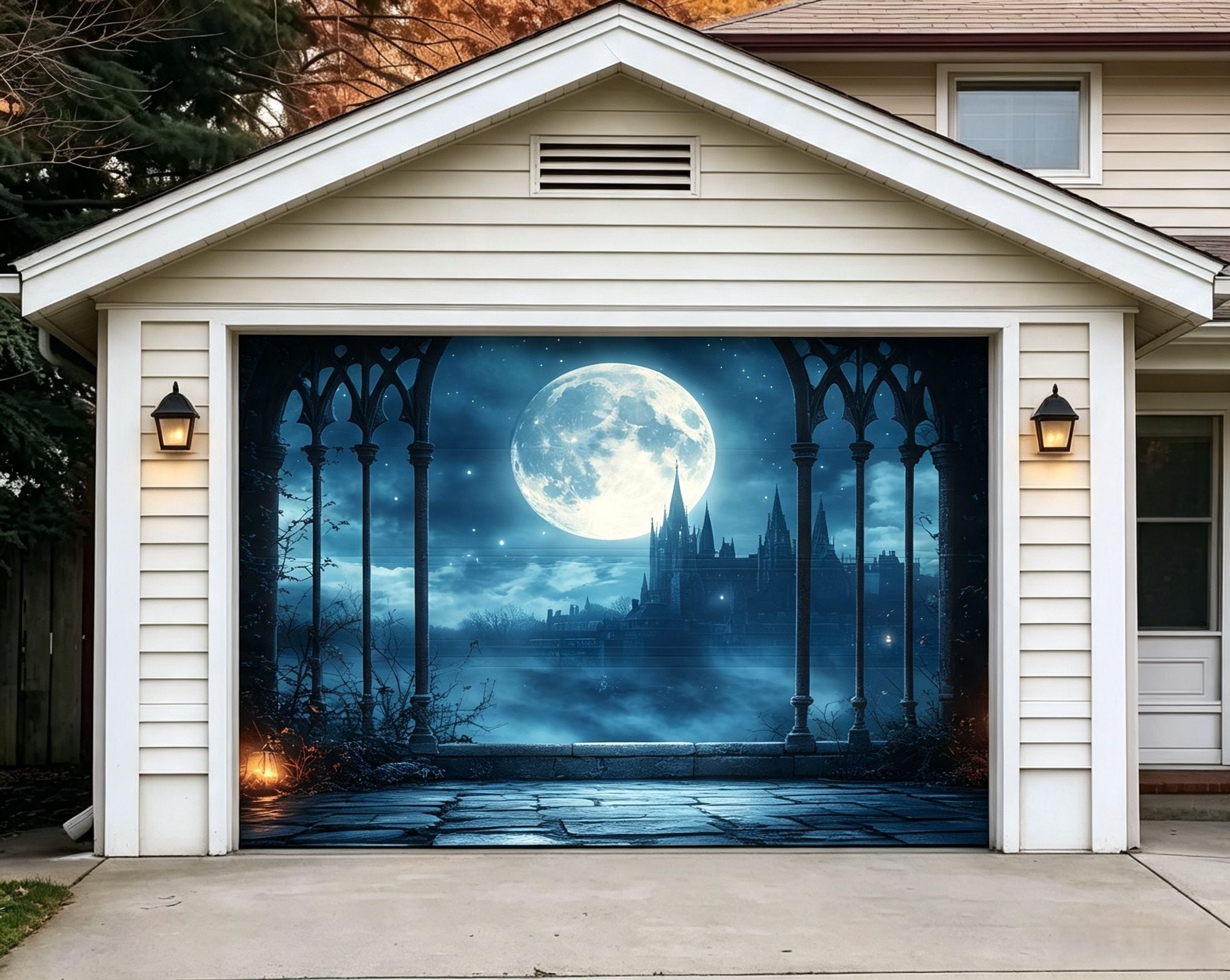 Halloween Moonlit Gothic Castle Backdrop Garage Door Decor GQ67-25-1 car
