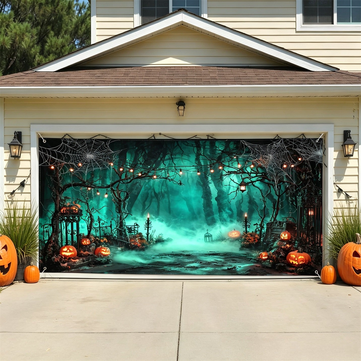 Halloween Pumpkin Backdrop Mystic Green Forest Garage Door Decor GQ67-32-2 car