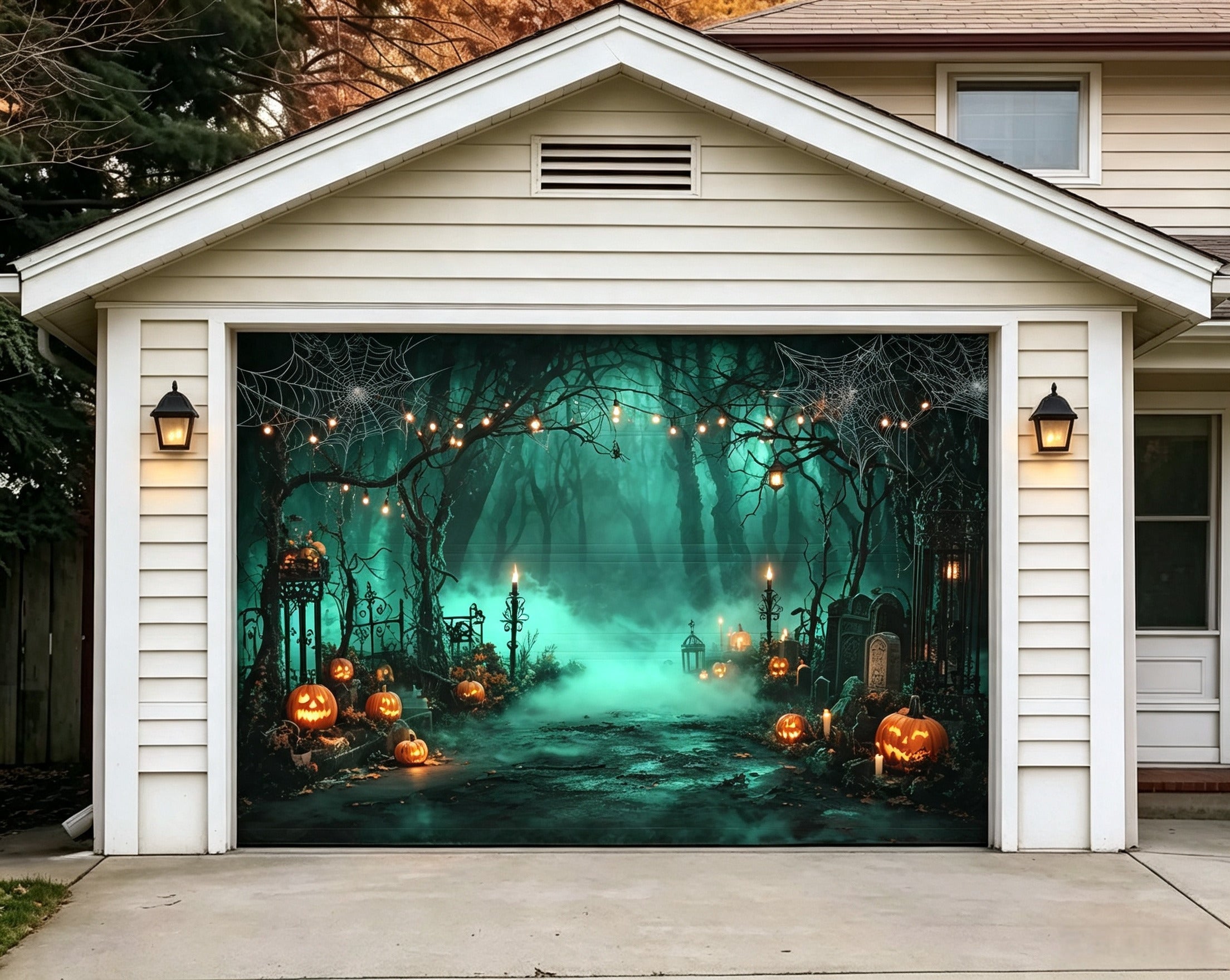 Halloween Pumpkin Backdrop Mystic Green Forest Garage Door Decor GQ67-32-1 car
