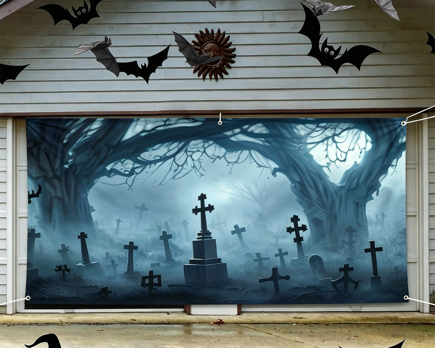 Scary Halloween Foggy Cross Tombstones Garage Door Backdrop GQ67-33-2 car