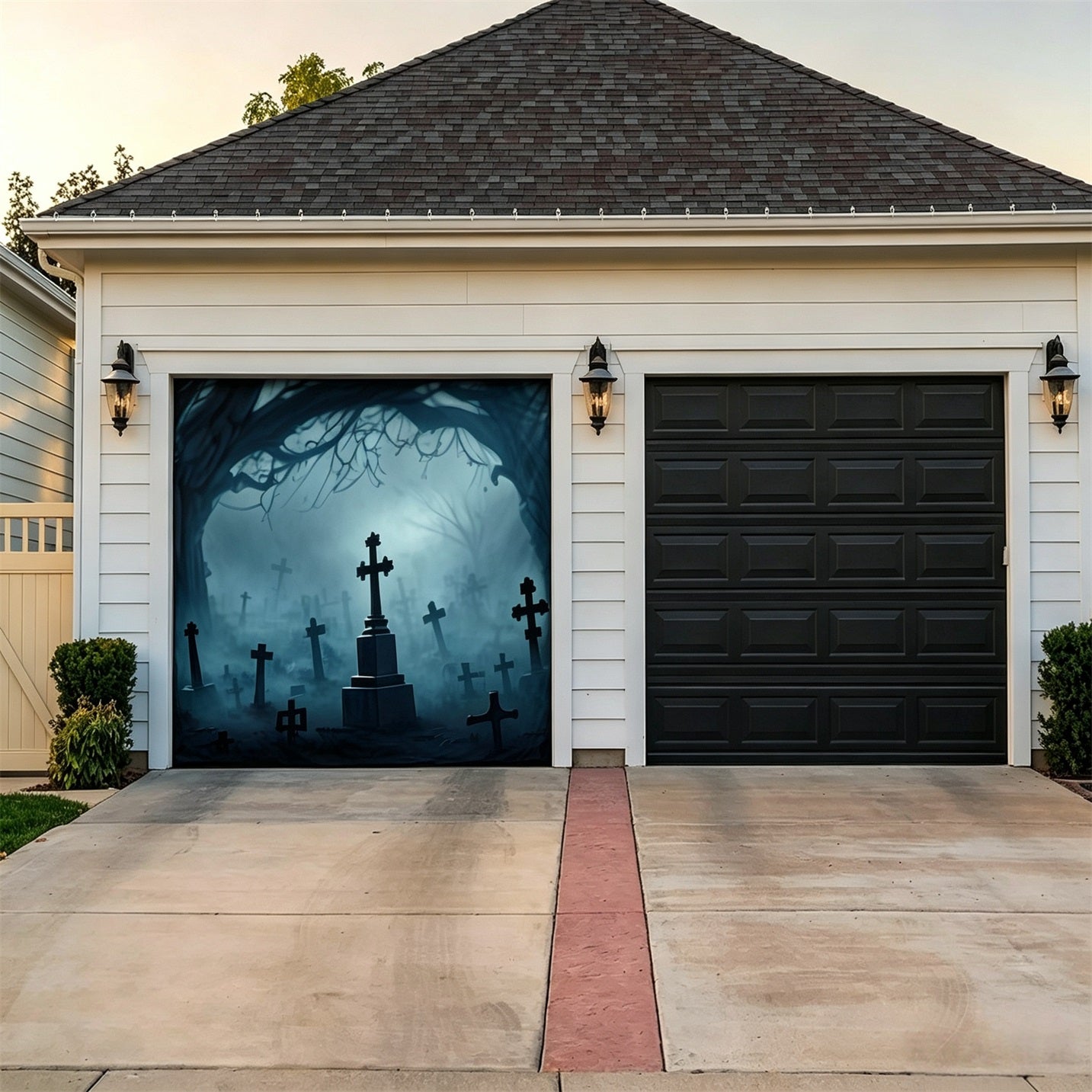 Scary Halloween Foggy Cross Tombstones Garage Door Backdrop GQ67-33