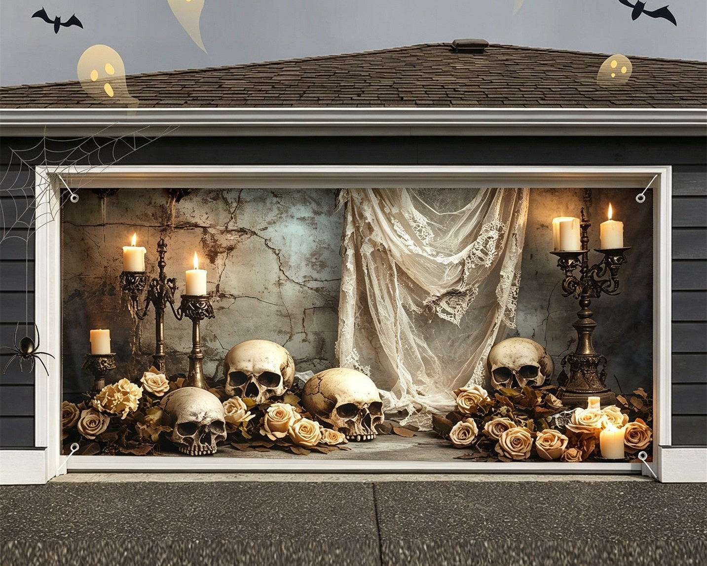 Spooky Halloween Skull Rose Cemetery Garage Door Decor Backdrop GQ67-37-2 car