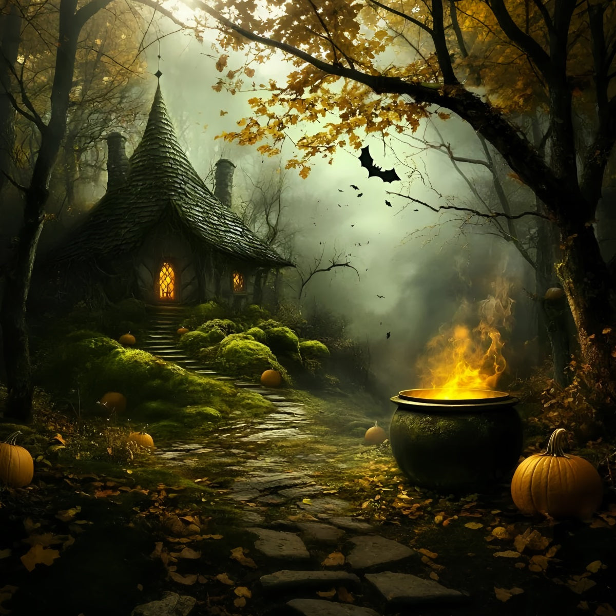 Halloween Witch Cauldron Woodland Cottage Garage Door Backdrop GQ67-40