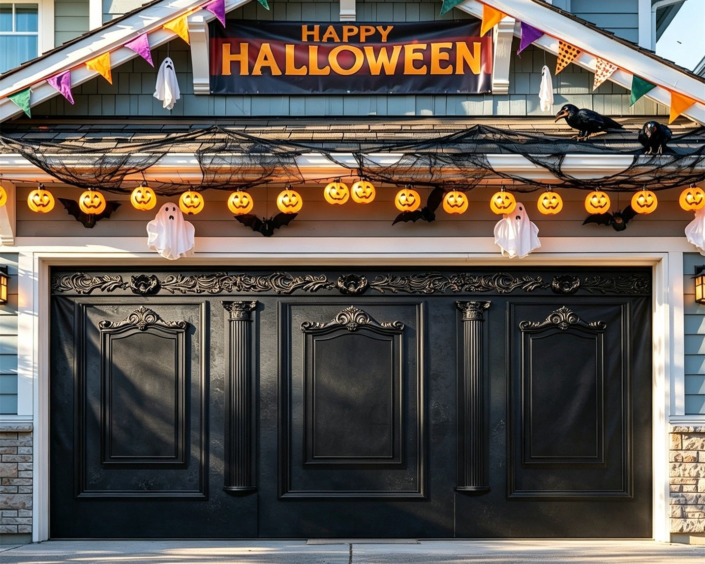 Halloween Ornate Black Gothic Doors Garage Door Backdrop GQ67-42-2 car