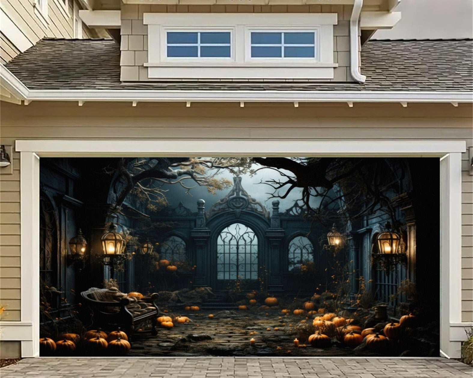 Halloween Pumpkin Gothic Courtyard Gate Garage Door Backdrop GQ67-45-2 car