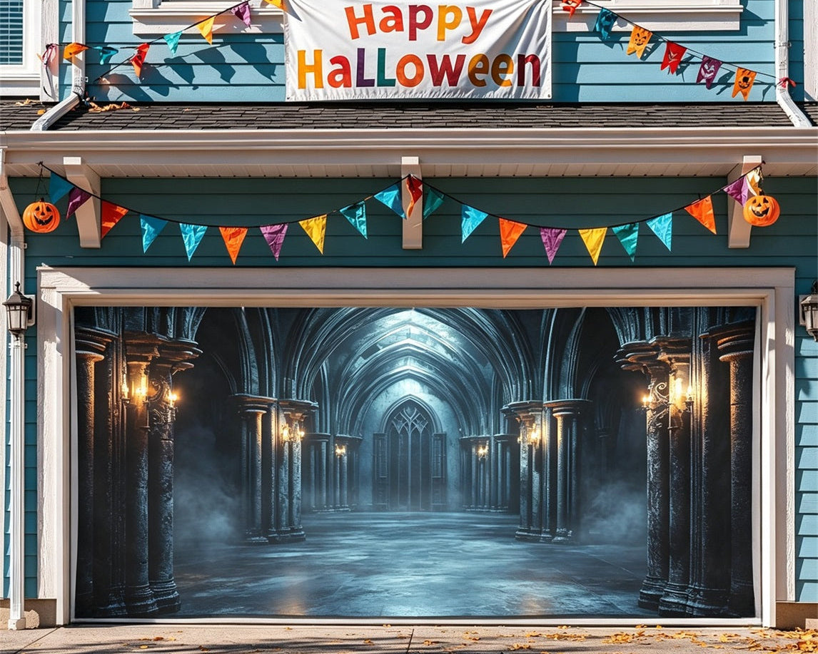 Scary Halloween Foggy Gothic Cathedral Corridor Garage Door Backdrop GQ67-49-2 car